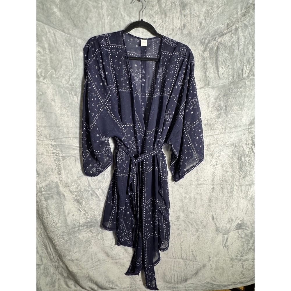 Free Press Navy Blue Bandana Print Pom Pom‎ Trim Kimono Wrap Size L/XL Boho